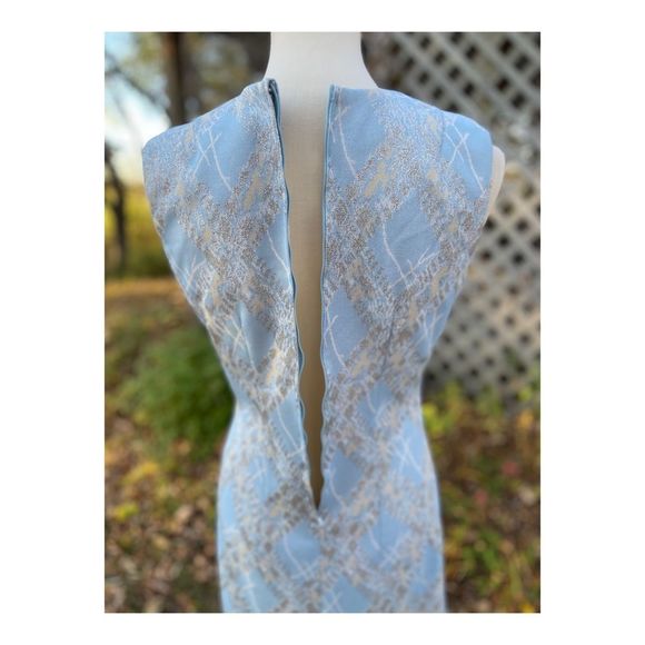 Vintage 50s Metallic Ice Blue Formal Gown Dress Maxi Silver Threads Cheongsam - Picture 14 of 14